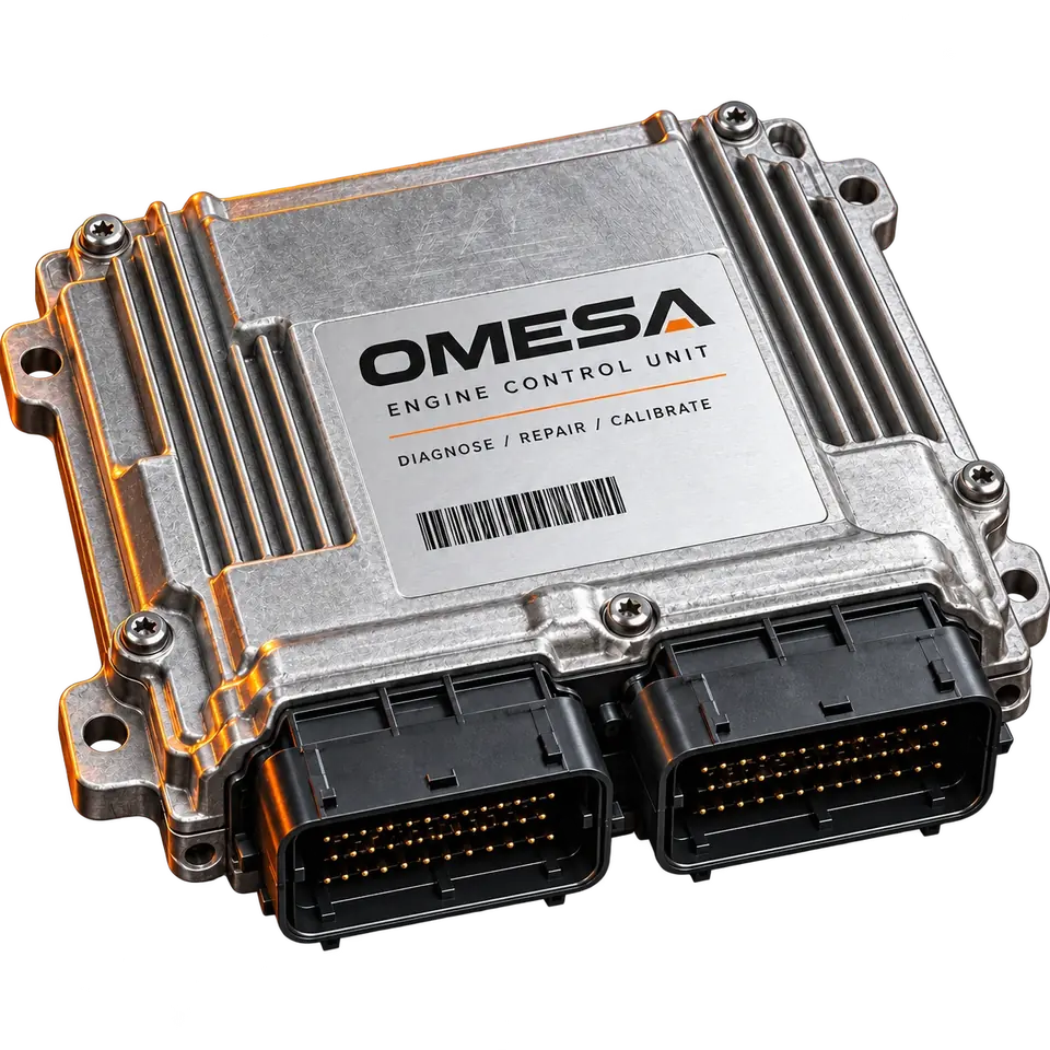 Graphic of an aluminium ECU with an OMESA label and two connectors